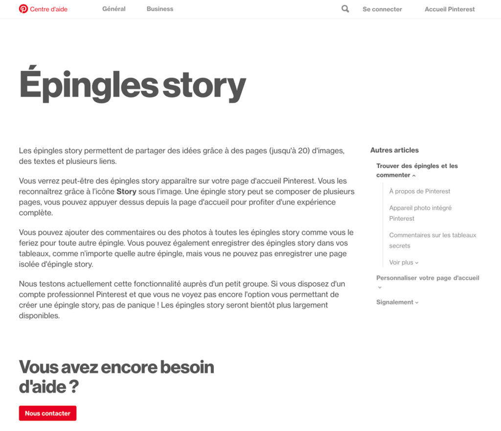 Page d'aide officielle de Pinterest au sujet des épingles story